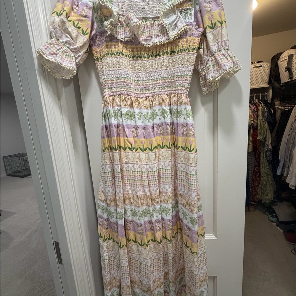 Ivy City Co Pastel Floral Stripe Maxi Dress in Lavender, Yellow & Cream